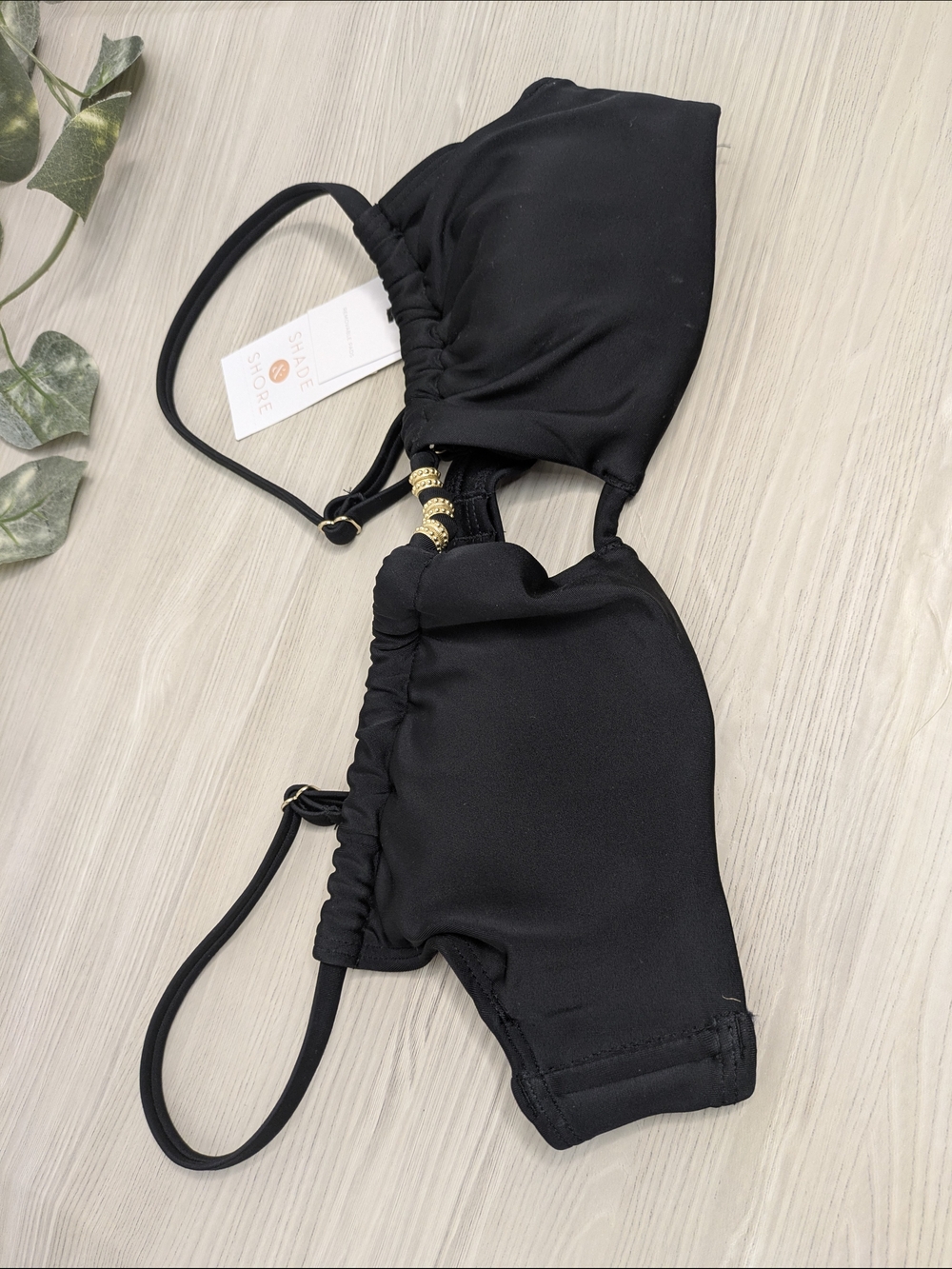 Shade&Shore Womens Black Shirred Underwired Bikini Swim top Size 34B Gold Accent